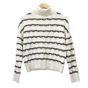 Joie Alpine Pattern Striped Cable Knit Pullover Sweater Cream Black Size Medium